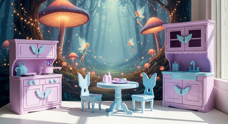 A whimsical miniature kitchen set, rendered in soft purple and blue, is presented within a magical forest scene. Giant, glowing mushrooms and ethereal fairy figures create an backdrop. The toy kitchen includes a stove, sink, cabinets, and a small round table with butterfly-backed chairs. The overall aesthetic is one of fantasy and wonder, with soft, diffused lighting and a bokeh effect adding to the dreamlike of the scene.の素材