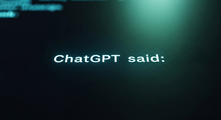 A close-up shot of a computer screen displaying the text "ChatGPT said:" in a glowing white font against a dark, slightly teal-hued background. The text is sharp and clear, with a subtle light effect emanating from it. The overall impression is one of digital communication and artificial intelligence. The background is dark and slightly blurred, emphasizing the illuminated text.の素材