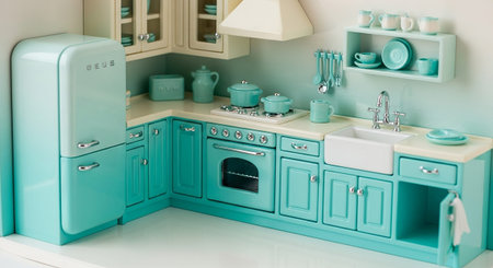 An L-shaped miniature retro kitchen is presented in a vibrant turquoise and cream color scheme. The scene is meticulously detailed with a vintage refrigerator, a stove with cookware, a farmhouse sink, and numerous cabinets and drawers. Shelving cups, plates, and a teapot, while utensils hang neatly. The overall impression is one of a charming, playful, and well-equipped tiny domestic space.の素材