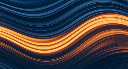 This abstract a dynamic flow of curved lines in deep blue and vibrant orange. The lines create a sense of motion and energy, with the orange lines appearing luminous and contrasting sharply with the dark blue background. The smooth, seamless curves suggest a fluid and organic form, modern digital and applications.の素材