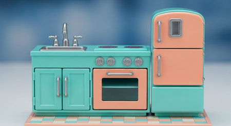 A charming miniature retro kitchen set is displayed against a soft blue background. The set a turquoise refrigerator and base cabinets, complemented by peach-colored oven and drawer fronts. A silver faucet and sink are integrated into the turquoise countertop, which also includes a stovetop with four burners. The overall aesthetic is playful and detailed, evoking a sense of nostalgia and childhood imagination.の素材