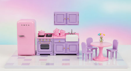 This miniature kitchen showcases a pink SMEG-style refrigerator alongside a lavender stove, oven, and sink unit with cabinetry. A small round pink dining table with four matching lavender chairs and a vase of colorful flowers sits to the side. The scene is set against a soft pastel gradient background with a subtly patterned tiled floor, evoking a sense of playful domesticity and miniature charm.の素材