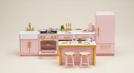 This miniature kitchen setup showcases a charming pastel pink and gold aesthetic. It a retro refrigerator, a cooking range with an oven, and a sink with a golden faucet. A kitchen island with two stools acts as a breakfast bar, accessorized with miniature dishes, plants, and water bottles. The scene is clean, stylized, and exudes a playful yet charm, a dollhouse or as a decorativeの素材