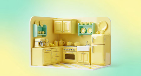 A charming miniature kitchen rendered in soft pastel yellow and mint green tones. The scene a retro-style refrigerator, a compact oven and stove, a white farmhouse sink, and various kitchen cabinets and shelves. Small details like plates, cups, a teapot, and a stand mixer add to the realistic yet whimsical feel of this tiny domestic space. The isometric perspective and gradient background create a delightful, curated display.の素材