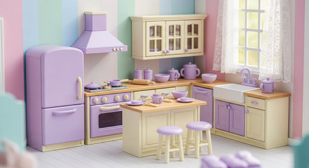 This miniature kitchen is a delightful creation featuring pastel-colored stripes on the walls and a charming pastel purple and cream color scheme for the appliances and cabinetry. A vintage-style refrigerator and a retro oven are complemented by a central kitchen island with two small stools. The scene is filled with tiny kitchenware, including teacups and bowls. A window with delicate curtains allows soft light to illuminate the meticulously detailed interior, evoking a sense of playful and...の素材
