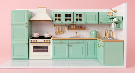 A meticulously crafted miniature kitchen scene featuring charming pastel green cabinetry and a vintage-style stove with gold accents. The scene includes a white tiled backsplash, wooden countertops, a sink with a gold faucet, and various miniature kitchenware and decorative The overall aesthetic is clean, bright, and evokes a sense of cozy elegance, set against a soft pastel pink background. This detailed diorama captures the essence of a charming, timeless kitchen in a tiny scale.の素材