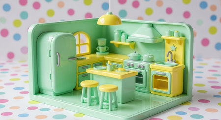 This miniature kitchen scene is presented as a dollhouse-like setting, complete with a central island and two yellow stools. The overall color scheme is pastel mint green and yellow, set against a vibrant polka dot background. The kitchen a refrigerator, stove, oven, sink, and overhead cabinets, along with a coffee maker and a decorative pendant light. The detailed encourages imaginative play and storytelling, offering a charming and complete miniature domestic environment.の素材
