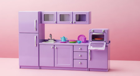 A charming miniature toy kitchen set in a soft pastel purple hue is displayed against a gradient pink background. The set includes a refrigerator, sink with faucet, overhead cabinets with glass fronts, and a compact oven with an open door revealing a baking rack. Small colorful dishes, a teapot, and cups are neatly arranged on the countertop, creating a whimsical and inviting scene for imaginative play.の素材