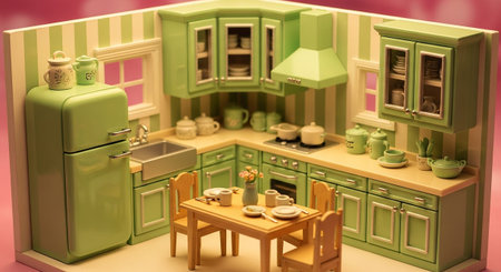 This miniature kitchen diorama showcases pastel green cabinetry, a retro-style refrigerator, and a small dining area with a wooden table and chairs. The scene is detailed with kitchenware, plants, and decorative all set against a backdrop of charming striped wallpaper and small windows. The overall impression is one of a cozy, lived-in miniature home, with a focus on the functional and decorative aspects of a small kitchen and dining space. The lighting is bright and inviting.の素材