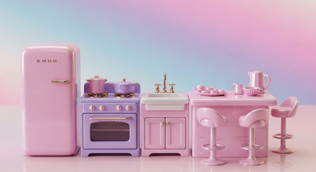 A charming miniature kitchen set is displayed with a retro-style pink refrigerator, a lavender stove and oven, a white sink with a gold faucet, and a pink breakfast bar with three matching stools. The set is adorned with delicate pink cookware and a teapot. The background a soft gradient of pastel blues and pinks, creating a whimsical and dreamy atmosphere.の素材