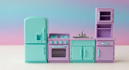 A charming miniature toy kitchen set is displayed against a soft pastel gradient background. The set includes a turquoise refrigerator with a dispenser, a purple stove with knobs and an oven door, a turquoise sink cabinet, and a purple hutch with shelves and doors. The overall aesthetic is clean, bright, and playful, evoking a sense of childhood imagination and domestic play. The pastel colors create a gentle and inviting atmosphere.の素材