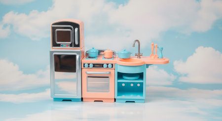 A miniature toy kitchen set, featuring a refrigerator with a microwave stacked on a stove with an oven, and a sink unit with a counter extension, is displayed against a backdrop of a bright blue sky filled with fluffy white clouds. The kitchen appliances are primarily in pastel peach and pink, with accents of light blue and silver. The surfaces are smooth and slightly reflective. The overall aesthetic is playful and whimsical, with the toy kitchen appearing as if it's floating in the sky,...の素材