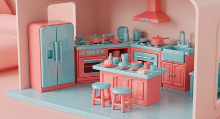 A charming miniature kitchen rendered in soft pastel shades of pink and turquoise. This tiny playset a refrigerator, stove, sink, and an island with stools, all designed with a modern, clean aesthetic. Various toy kitchen accessories like pots, pans, and dishes are neatly arranged, creating a whimsical and inviting scene for imaginative play. The overall look is bright, colorful, and stylized.の素材
