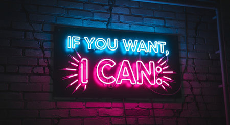 A vibrant neon sign illuminates a textured brick wall with the bold phrase "IF YOU WANT, I CAN:". The text is rendered in electric blue for the first part and a bright, energetic pink for the second part, with radiating lines adding to the visual impact. The neon lights cast a colorful glow on the dark brick surface, creating a striking contrast. The evokes a sense of urban energy and modern motivation, with a hint of retro aesthetic. The bright illumination and strong colors suggest a...の素材