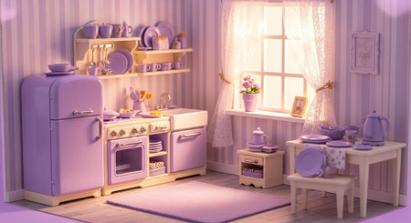 showcases a delightful miniature dollhouse kitchen bathed in soft lavender and lilac tones. The retro-style refrigerator, stove, and cabinets are all rendered in a gentle purple hue. A white sink and copper accents add subtle contrast. The scene is illuminated by warm light streaming through a window with sheer curtains, casting a dreamy ambiance. A small table and chair are set with purple dishes, and a potted plant adds a touch of life. A plush rug on the floor completes the cozy and...の素材