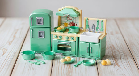 A delightful mint green miniature toy kitchen is arranged on a light-colored wooden surface. The set includes a refrigerator, stove with oven, and sink. Various miniature accessories are scattered around, such as pots, pans, utensils, and even small butter pieces, enhancing the pretend play aspect. The bright, clean studio lighting emphasizes the playful and detailed nature of this charming toy kitchen set, imaginative play.の素材