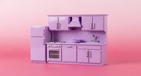 A detailed miniature purple kitchen is arranged against a vibrant pink background. The set a refrigerator, a sink with a faucet, a stove with an oven, and a microwave unit. Overhead cabinets and a range hood are also included. The backsplash behind the sink and stove has a textured tiled pattern. The clean lines and pastel purple color create a charming and stylized appearance, reminiscent of a dollhouse or play kitchen. The overall scene is bright, cheerful, and inviting, highlighting the...の素材