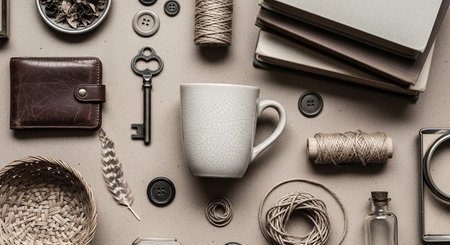 A flat lay composition of various rustic and vintage arranged on a neutral, textured background. include a brown leather wallet, an antique skeleton key, a ceramic mug with a crackled glaze, spools of twine, assorted buttons, a woven basket, a bird feather, and dried floral The overall aesthetic is cozy, nostalgic, and suggests a theme of craft, creativity, or a curated collection of personal The muted color palette and natural textures create a warm and inviting atmosphere.の素材