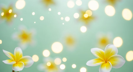 A collection of white and yellow plumeria flowers are presented in soft focus against a mint green backdrop. The flowers appear to be floating, with some in the foreground and others receding into the background. Numerous circular bokeh lights, varying in size and intensity, are scattered throughout the creating a luminous and magical effect. The gentle blur and soft lighting evoke a sense of peace and serenity.の素材
