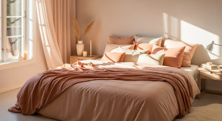 This serene bedroom a large bed adorned with soft peach and pink bedding, including a duvet and numerous accent pillows. Gentle morning sunlight filters through sheer curtains, casting a warm, diffused light across the room. A bedside table holds a candle and a vase with dried decorative grasses, enhancing the peaceful and inviting atmosphere. The scene evokes comfort and stylish domestic living.の素材