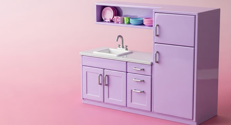 presents a compact purple miniature kitchen unit featuring a sink, a refrigerator, and various cabinets and drawers. The countertop includes a white sink with a chrome faucet. Above the sink, a shelf colorful plates and cups. To the right of the countertop, a tall, two-door refrigerator stands. The entire set is rendered in a soft purple hue and is placed against a pastel pink background, creating a bright, cheerful, and playful aesthetic children's toys or miniature home decor.の素材