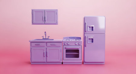a simple yet charming miniature purple kitchen setup against a soft pink background. The unit includes a refrigerator, a sink with a faucet, and a stove with an oven. A single overhead cabinet is positioned above the sink area. The purple cabinets a clean, modern The overall aesthetic is bright, pastel, and stylized, evoking a sense of a toy or dollhouse kitchen. The focus is on the essential of a kitchen in a small-scale, playful format, themes related to childhood and imaginative play.の素材
