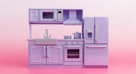 showcases a miniature toy kitchen in a delightful pastel purple color, set against a soft pink gradient backdrop. The compact unit a refrigerator, a microwave above the sink, a stovetop integrated into the counter, and an oven with its door ajar. A small pot and pan sit on the stovetop, adding to the realism of this playful, stylized kitchen designed for children's imaginative adventures.の素材