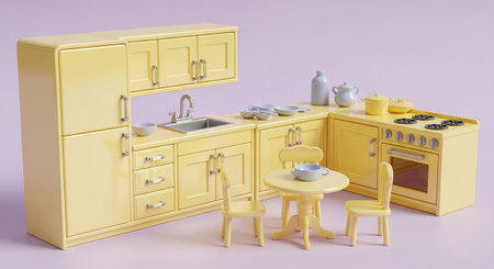 A delightful miniature yellow kitchen scene featuring a compact dining set with a round table and two chairs. The kitchen units include a refrigerator, sink, stove, oven, and hood, all in a cheerful yellow hue. Pastel blue accessories, such as a teapot, bowls, and a pitcher, add a touch of color. The floor is a simple light-colored surface. The overall composition is charming and evokes a sense of a cozy, lived-in miniature home, dollhouse enthusiasts or collectors.の素材