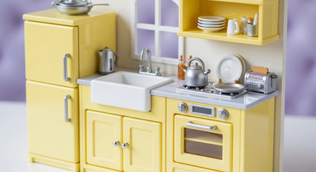 showcases a meticulously detailed miniature toy kitchen in a cheerful pastel yellow. It includes a stacked refrigerator, a stove with an oven, a sink, and cabinets. Prominently featured are realistic accessories like a silver kettle, a toaster with bread, and various dishes. The clean lines and bright colors create an inviting and playful atmosphere, imaginative play or as a decorative piece.の素材