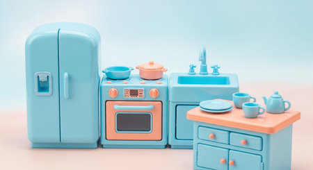 a delightful miniature kitchen setup in soft pastel blue and peach. It includes a toy refrigerator, a stove with an oven, a sink with a faucet, and a small cabinet. On the stove, there are miniature pots and pans, and a tiny teapot and cups are arranged on the counter, suggesting a playful tea time. The overall aesthetic is cute and whimsical, with a clean, modern feel. The 3D render is set against a soft gradient background, emphasizing the bright and cheerful nature of the scene.の素材