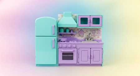 a delightful miniature toy kitchen playset arranged in a row. The set is rendered in soft pastel shades of turquoise and purple. It includes a refrigerator, a stove with an oven, a sink unit with cabinets, and a wall-mounted hood with decorative jars. The background is a soft, diffused pastel gradient. The details are charming and evoke a sense of playful domesticity, themes related to childhood and imagination.の素材
