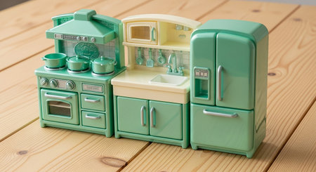 This detailed miniature kitchen set, rendered in soothing mint green and cream, sits on a warm, light-colored wooden plank surface. The ensemble includes a compact refrigerator with a silver handle and ice dispenser, a stove with an oven and pots, a sink area with a faucet and hanging utensils, and a microwave. The is reminiscent of a retro kitchen, offering a delightful glimpse into a miniature domesticの素材