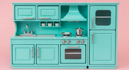 showcases a detailed miniature teal kitchen with a distinct vintage aesthetic. It upper and lower cabinets, a sink with a chrome faucet, a stovetop with pots and a pan, and an oven. A tall, narrow refrigerator unit stands to the right. The kitchen is set against a soft pink background, highlighting the vibrant teal color of the cabinetry and appliances. The overall impression is one of playful nostalgia and meticulous detail in a small-scale domestic setting.の素材