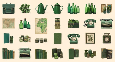 A diverse collection of green blending vintage and modern aesthetics. The row presents a green leather briefcase, a cluster of green fruit, a green teapot, another green teapot, a group of green glass bottles, and two framed with plants. The middle row includes a framed map, green glass bottles, a larger green map, stacked green a stack of green books, a green rotary telephone, and a green typewriter. The bottom row a green notebook, green decorative green ceramic jars, a framed botanical...の素材
