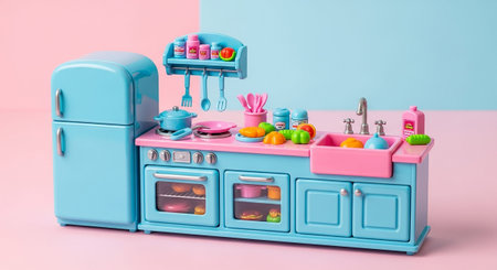 A lively and colorful miniature toy kitchen set in pastel blue and pink, brimming with tiny accessories and pretend food The scene includes a refrigerator, an oven with a stove, a sink, and cabinets, all adorned with miniature fruits, vegetables, and kitchenware. The vibrant arrangement against a soft gradient background of pink and blue creates an engaging and playful environment, sparking children's culinary imagination.の素材