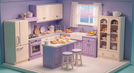 A delightful miniature kitchen designed with a pastel lavender and cream color scheme. A central island with two stools is set for breakfast, featuring miniature pastries, fruit, and drinks. The kitchen includes a cream refrigerator, a lavender oven and stove, and a sink. A glass-fronted display cabinet showcases more miniature food A window overlooks a soft sky with clouds.の素材