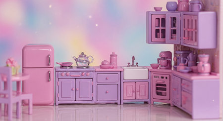 A delightful miniature kitchen is presented with a focus on intricate details and pastel colors. A pink retro refrigerator stands beside a purple modular kitchen unit that includes an oven, sink, and various cabinets. A teapot sits on the stovetop, and a collection of cups and saucers are arranged on the counter. The background is a soft, dreamy bokeh of pastel colors, creating a magical and whimsical atmosphere.の素材