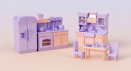 A complete miniature kitchen setup is displayed in a whimsical pastel palette of lavender and peach. It a refrigerator, a stove with an oven and sink, and a separate dining area with a table and chairs. The stylized 3D render is clean, modern, and charming, with soft lighting and an isolated presentation. is themes related to play kitchens, dollhouses, or cute domestic scenes.の素材