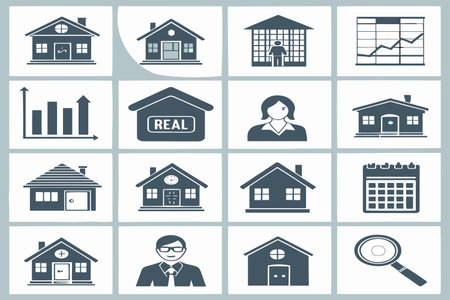 Flat vector illustration showing real estate concept with homes, charts, agents, and calendar icons for property management or housing advertisement.の素材