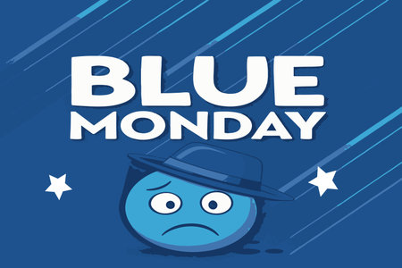 This dynamic graphic captures the weighty sentiment of "Blue Monday" with strong visual elements. The heavy white text dominates, while a solitary, sad character in a hat personifiの素材
