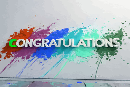 Creative and modern congratulatory artwork featuring bold splash effects and realistic 3D lettering, ideal for posters, certificates, social media visuals, and festive branding.の素材