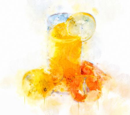 Watercolor Illustration Orange Juice Glassの写真素材