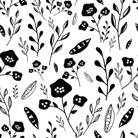 Black and white hand drawn flowers seamless pattern. Whimsical design great for invitations, fabric, wallpaper, giftwrap, colouring pages. Surface pattern design.の写真素材