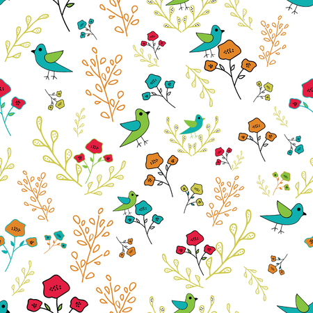 Blue green orange and red hand drawn flowers and birds seamless pattern. Whimsical design great for invitations, fabric, wallpaper, giftwrap, colouring pages. Surface pattern design.のイラスト素材