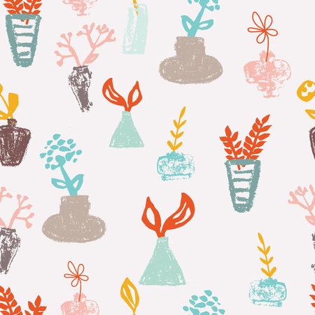 Dry pastel vases and ink plants on ivory background seameless repeat. Great for invitations, fabric, wallpaper, giftwrap, scrapbook paper. Surface pattern design.のイラスト素材