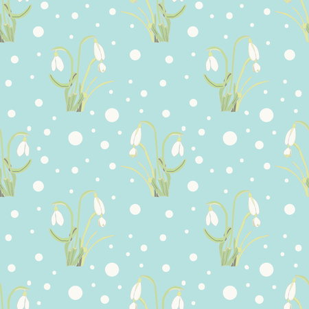 Snowdrops on blue background seameless repeat. Great for invitations, fabric, wallpaper, giftwrap, scrapbook paper. Surface pattern design.のイラスト素材