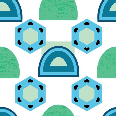 Blue, green, navy triangles, circles, hexagons shapes on white background seamless pattern.のイラスト素材