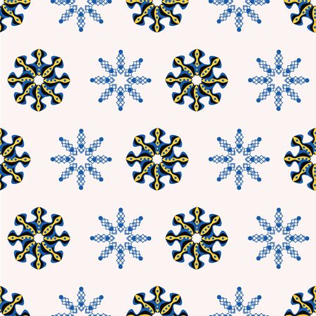 Red and beige Christmas snowflakes on blue background seamless pattern.のイラスト素材