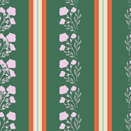 Stylized lavander flowers on striped forest green background seamless repeat vector. Sketched design great for textiles,garden products, home decor. Seamless patternのイラスト素材