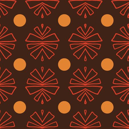 Red and orange tribal abstract seamless pattern on brown background. Great for folk modern...
